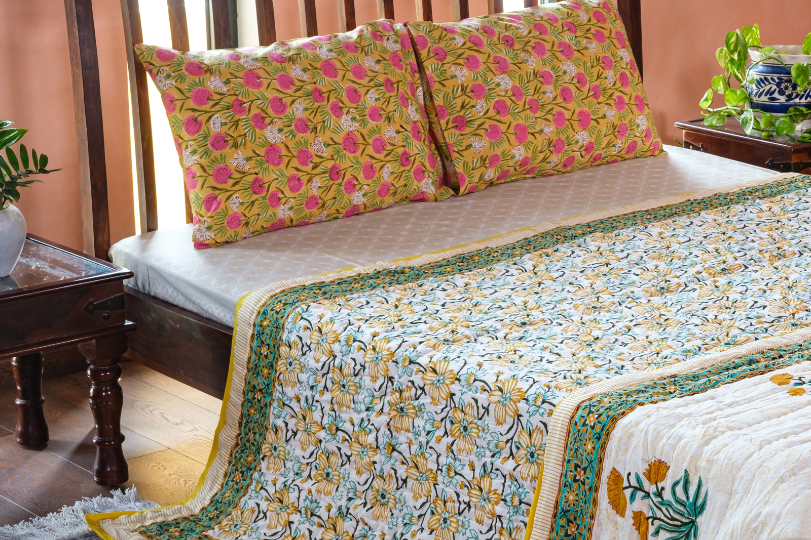 Hand Block Printed Cotton Queen Size Quilt  Champa Kali 204564