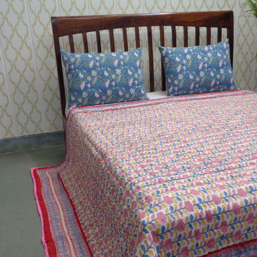 Hand Block Printed Cotton Queen Size Quilt Climbing Flower Red 500928