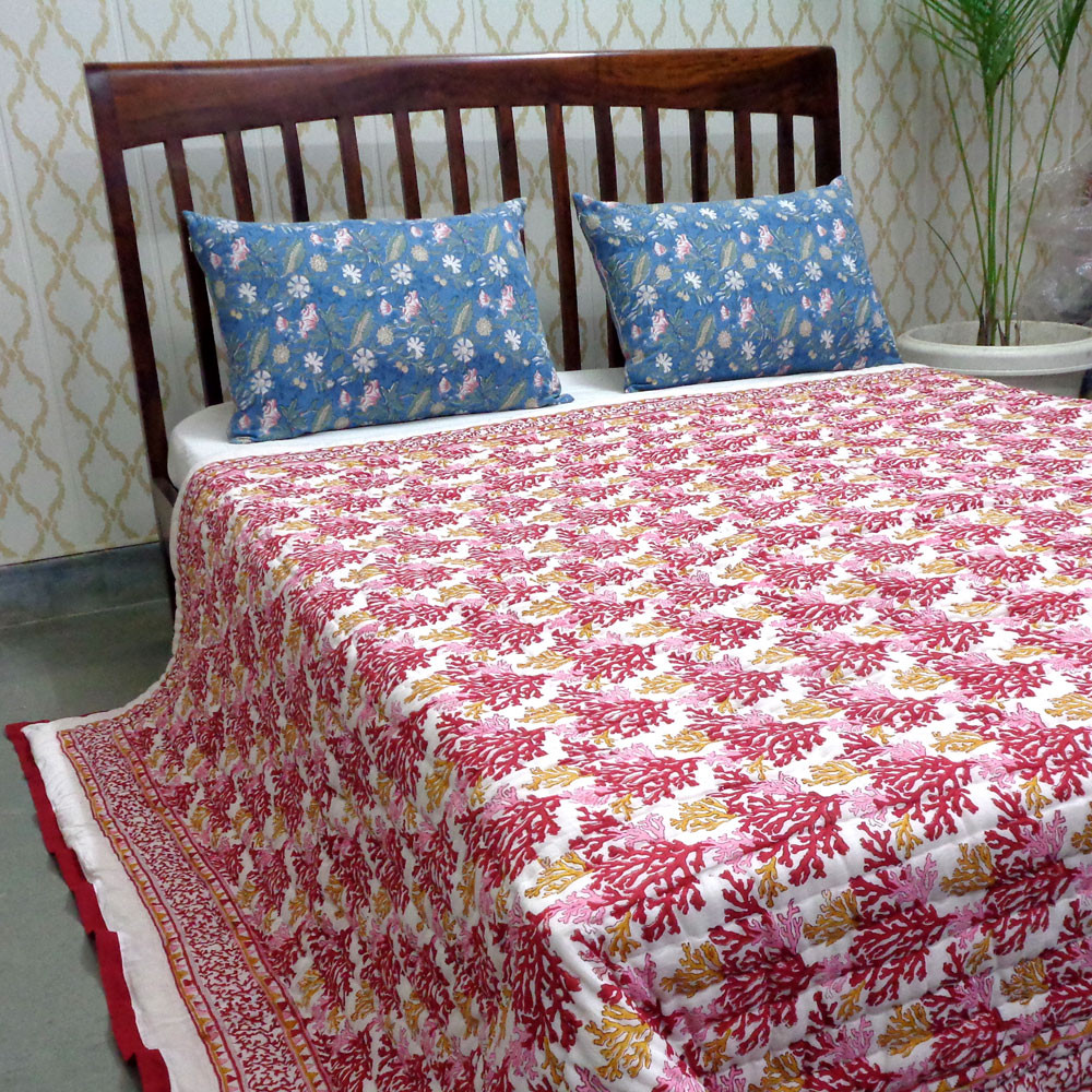 Hand Block Printed Cotton Queen Size Quilt  Coral Multi Red 701927