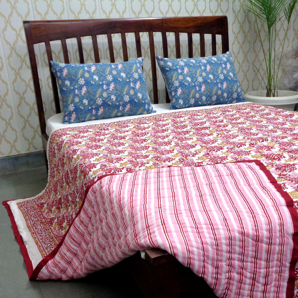 Hand Block Printed Cotton Queen Size Quilt  Coral Multi Red 701927