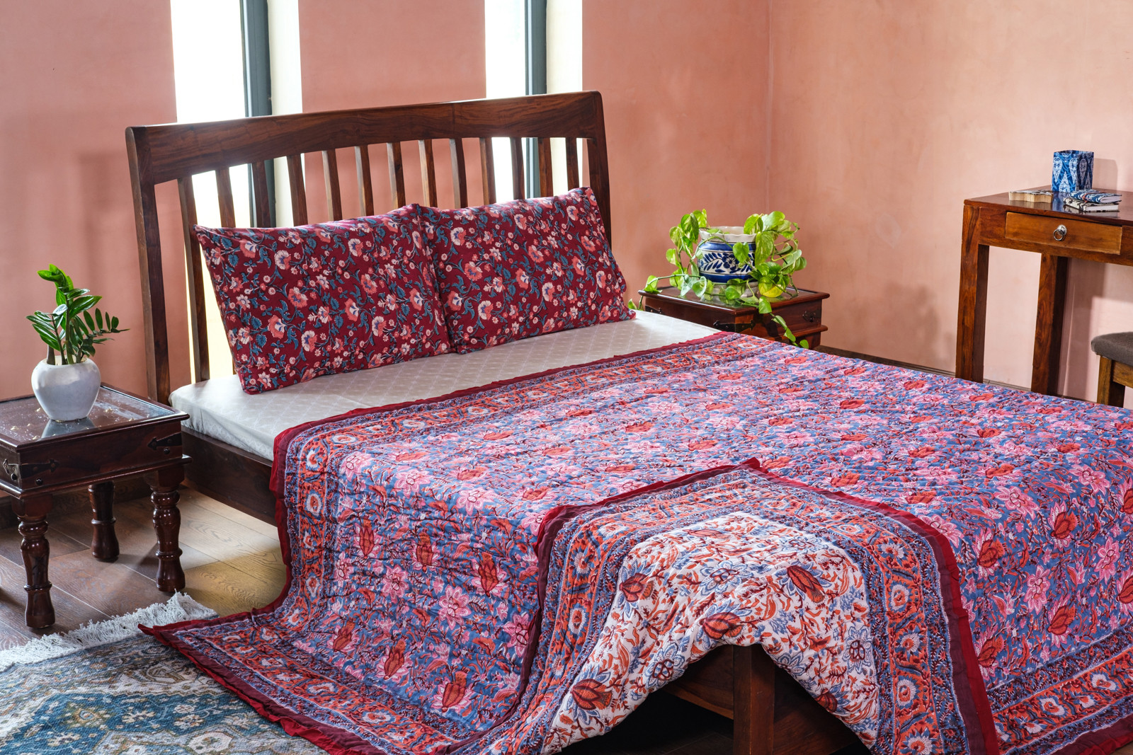 Hand Block Printed Cotton Queen Size Quilt Firdaus Gud 204865