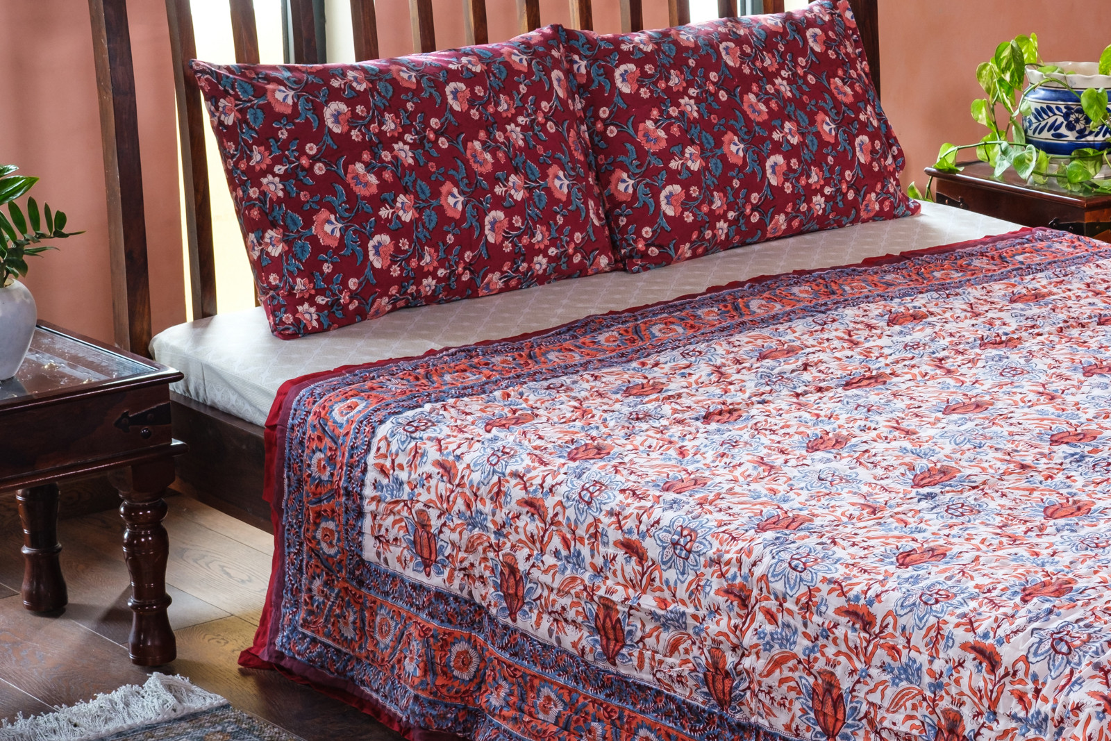 Hand Block Printed Cotton Queen Size Quilt  Firdaus Gud 204865