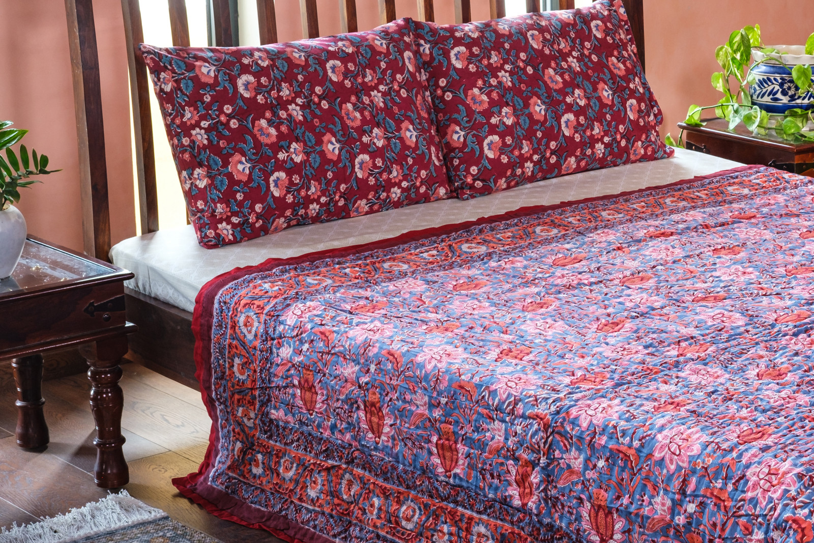 Hand Block Printed Cotton Queen Size Quilt  Firdaus Gud 204865