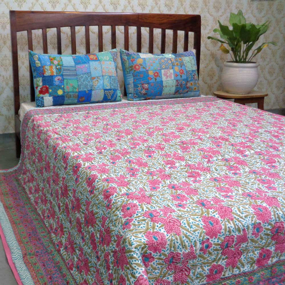 Hand Block Printed Cotton Queen Size Quilt Flower Candy 103451