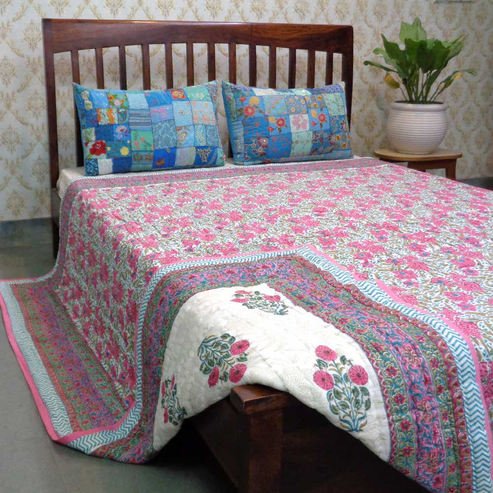 Hand Block Printed Cotton Queen Size Quilt Flower Candy 103451