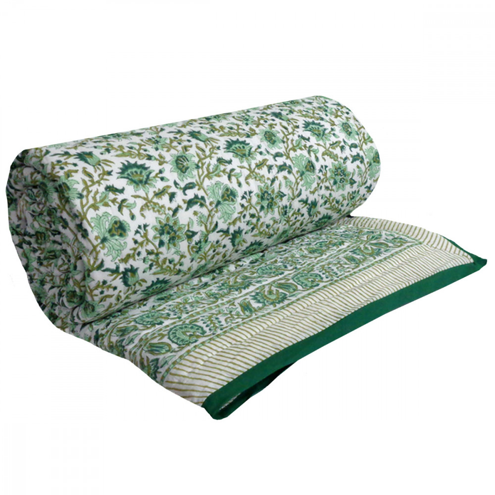 Image of Hand Block Printed Cotton Queen Size Quilt | Hari Bagia Jaal 605170