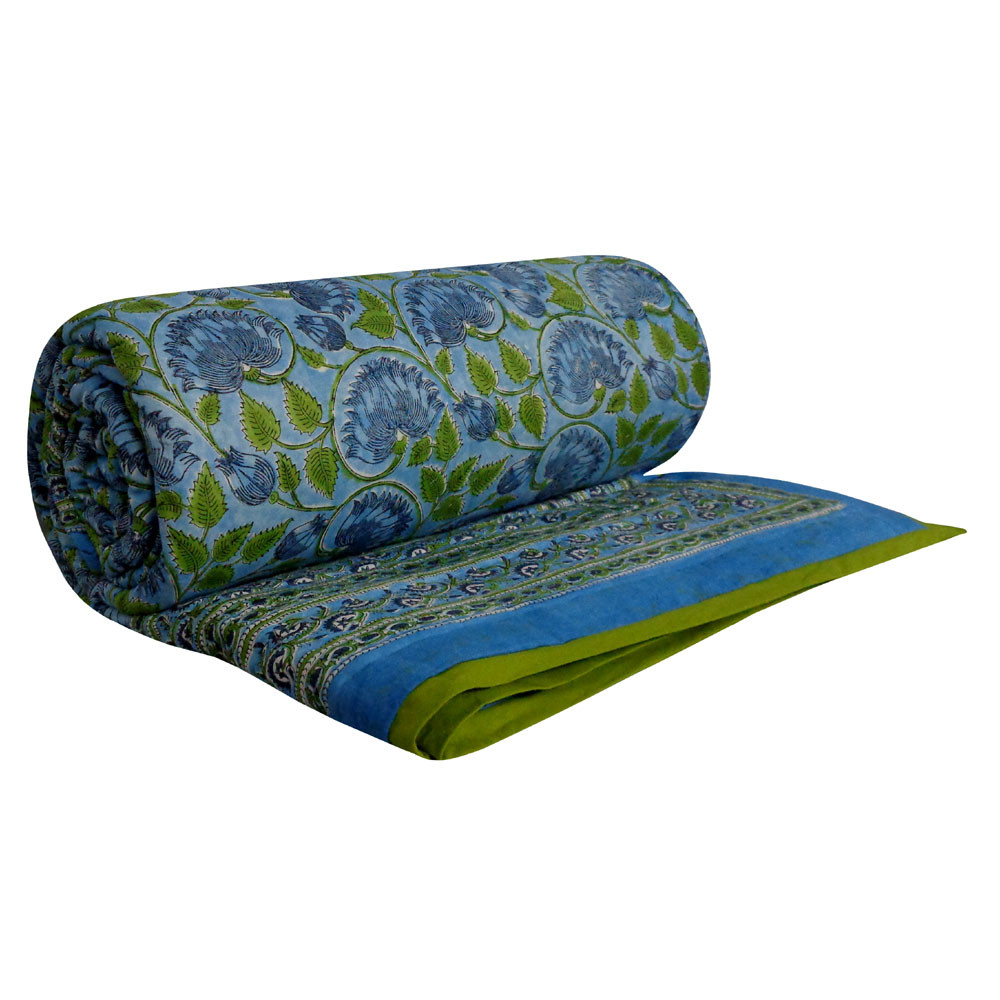Hand Block Printed Cotton Queen Size Quilt Kamal Aqua 205309