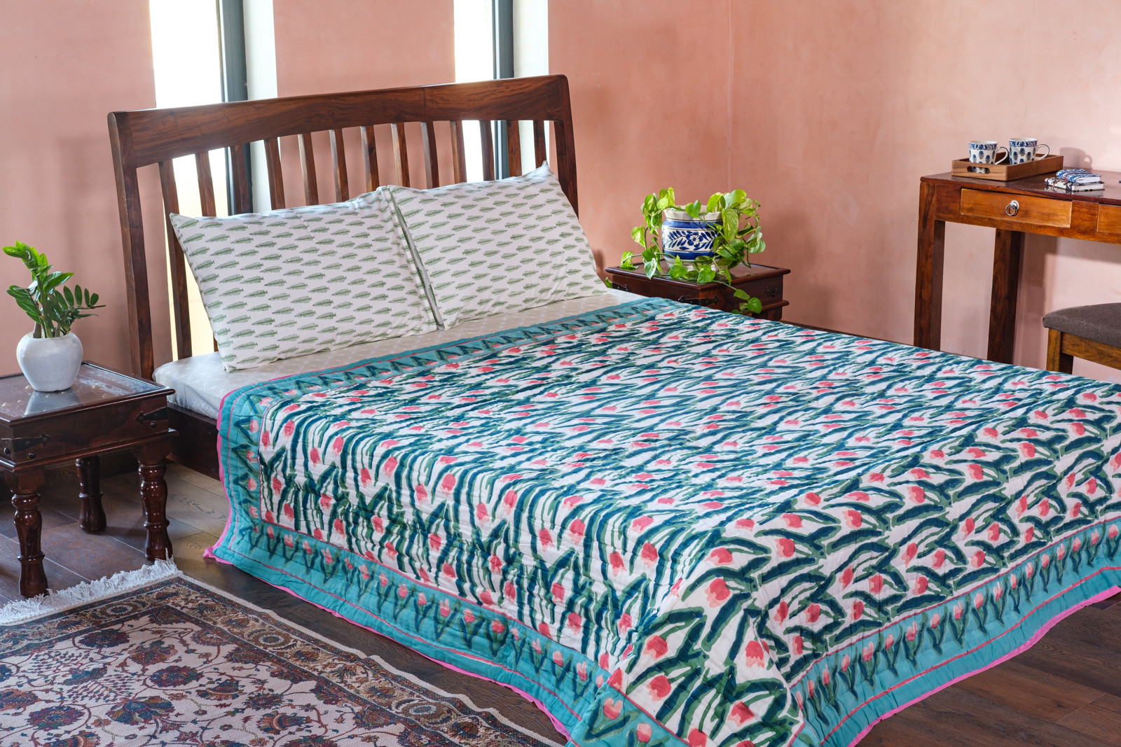 Hand Block Printed Cotton Queen Size Quilt Lambi Patti Tulip 103435