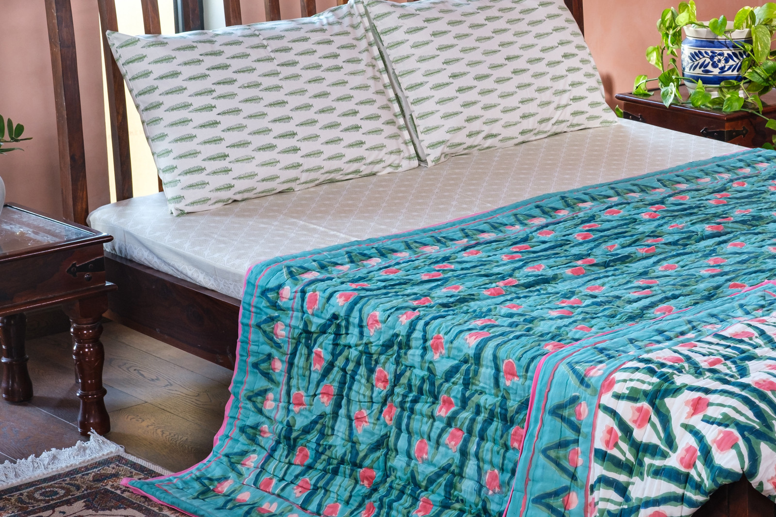 Hand Block Printed Cotton Queen Size Quilt Lambi Patti Tulip 103435