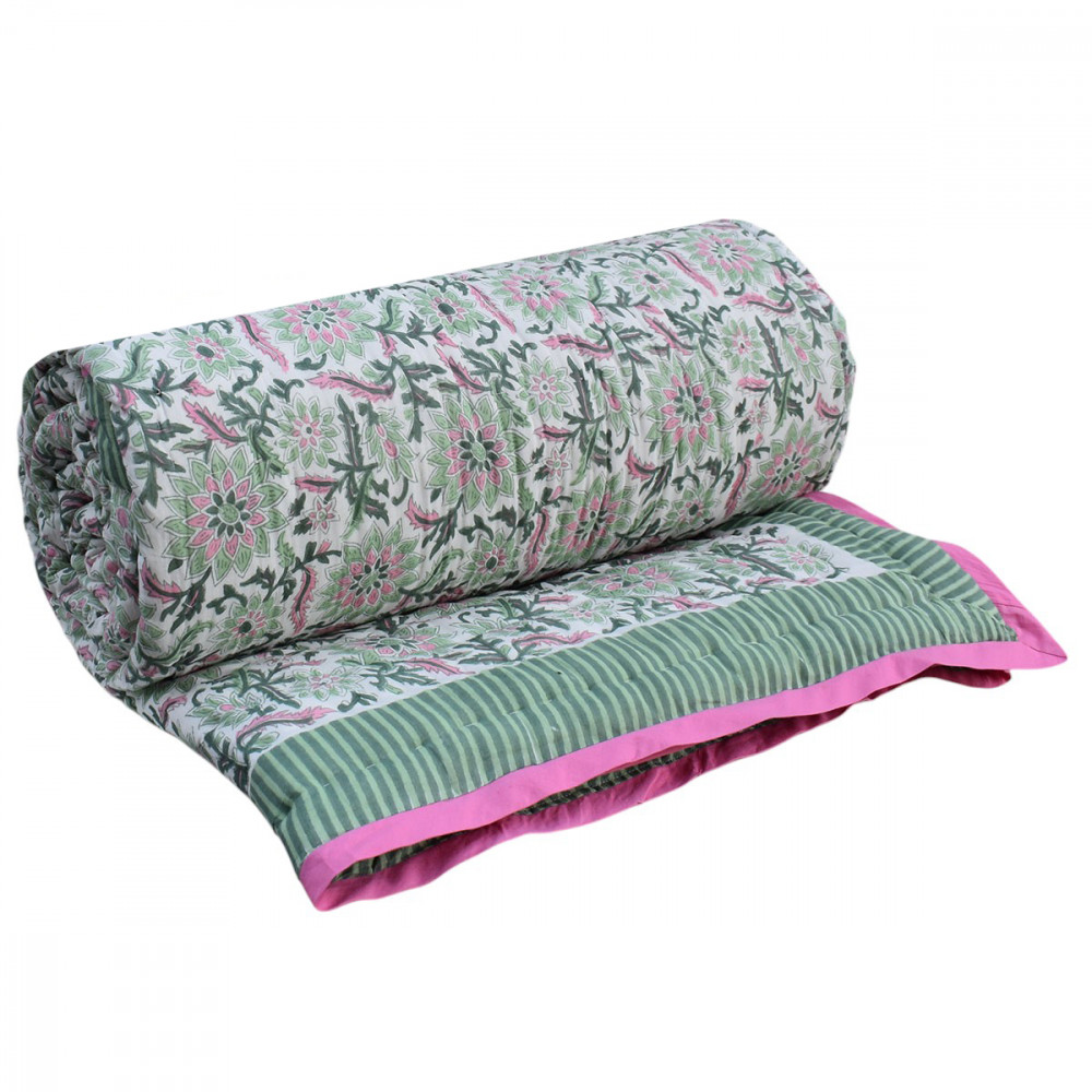 Image of Hand Block Printed Cotton Queen Size Quilt | Madhubala Green 202526