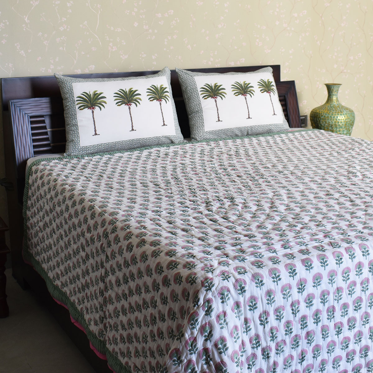 Hand Block Printed Cotton Queen Size Quilt Madhubala Green 202526