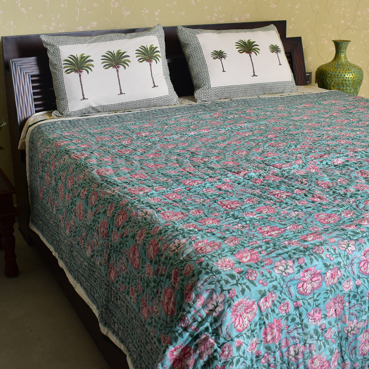 Hand Block Printed Cotton Queen Size Quilt Mohini Green Gud 620605