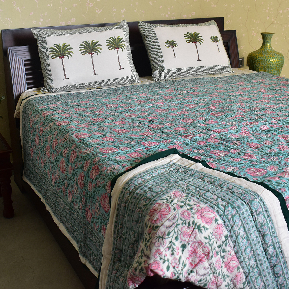 Hand Block Printed Cotton Queen Size Quilt Mohini Green Gud 620605