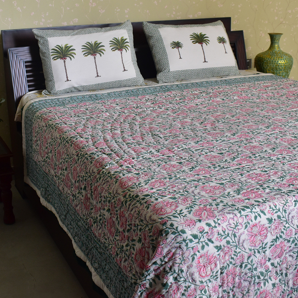 Hand Block Printed Cotton Queen Size Quilt Mohini Green Gud 620605