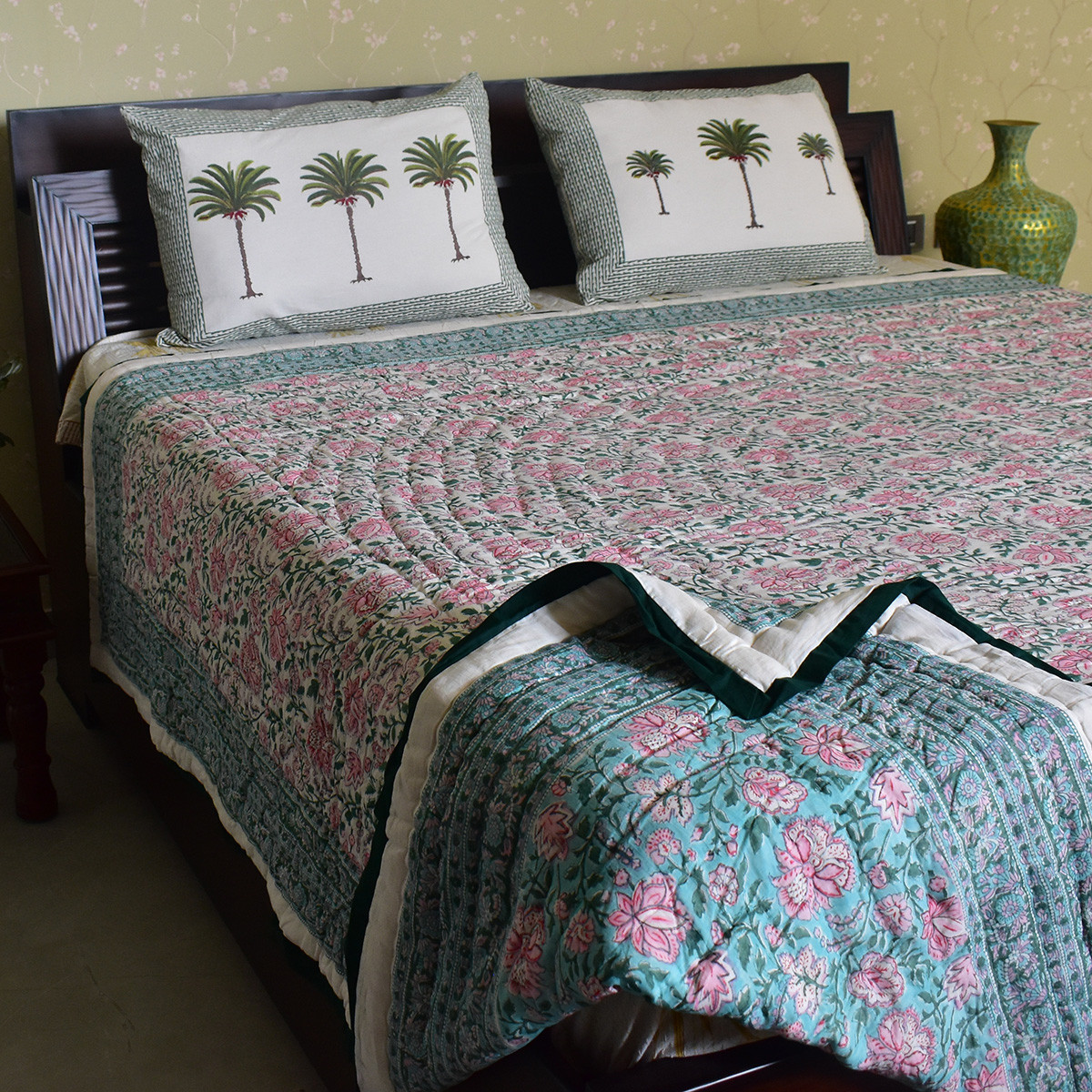 Hand Block Printed Cotton Queen Size Quilt Mohini Green Gud 620605