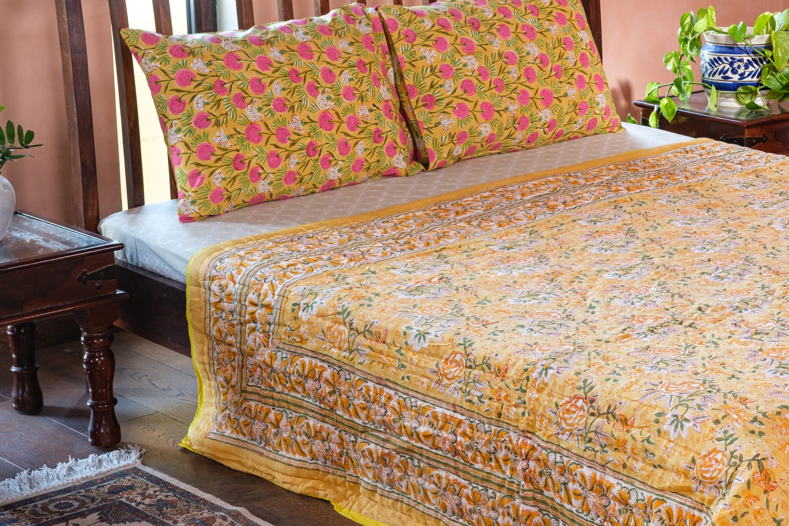 Hand Block Printed Cotton Queen Size Quilt Naya Gulab Mustard 620634