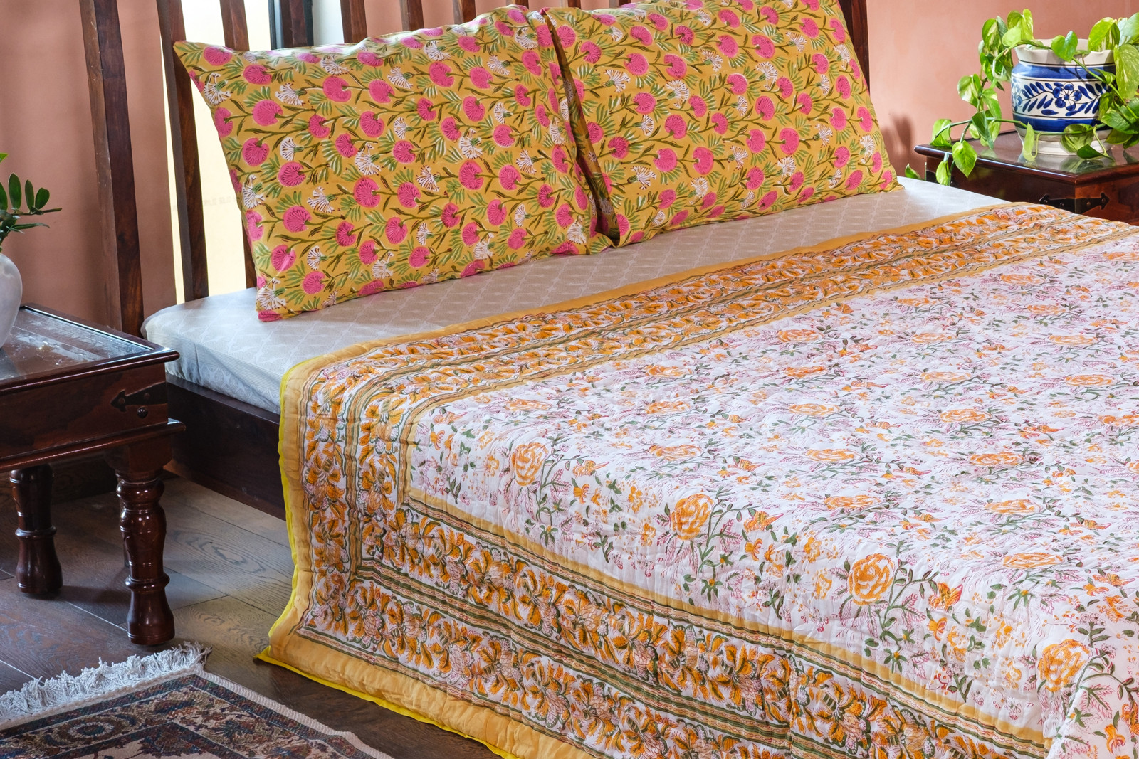 Hand Block Printed Cotton Queen Size Quilt Naya Gulab Mustard 620634