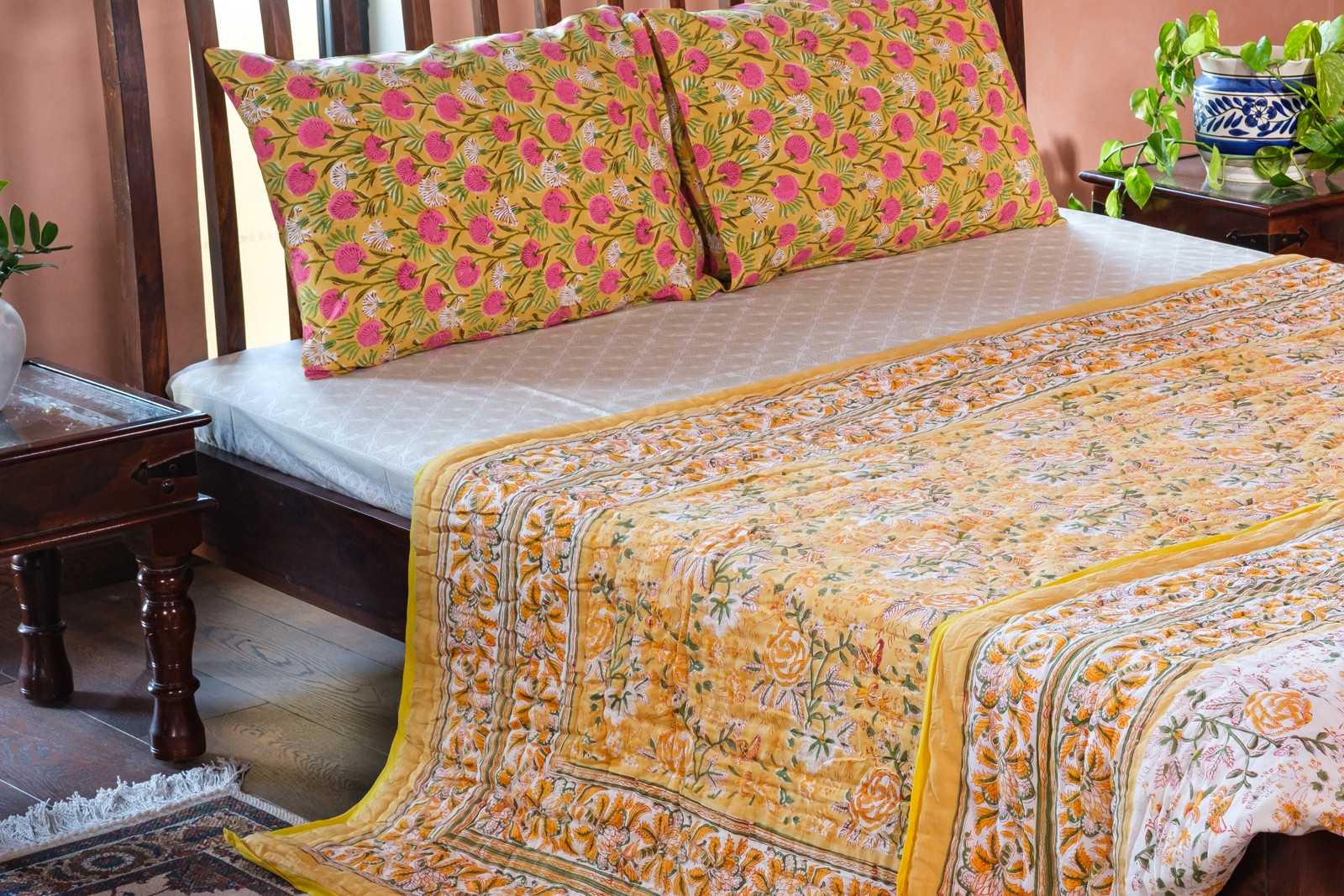 Hand Block Printed Cotton Queen Size Quilt Naya Gulab Mustard 620634