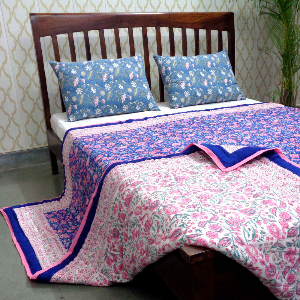 Hand Block Printed Cotton Queen Size Quilt New Blue Pink 504725
