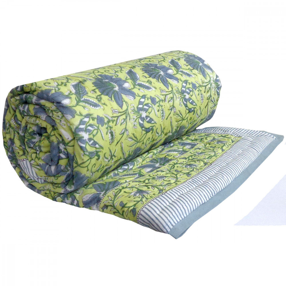 Image of Hand Block Printed Cotton Queen Size Quilt | Olive Flower Gud 602183