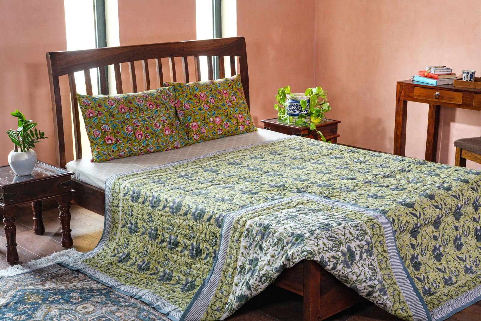 Hand Block Printed Cotton Queen Size Quilt Olive Flower Gud 602183