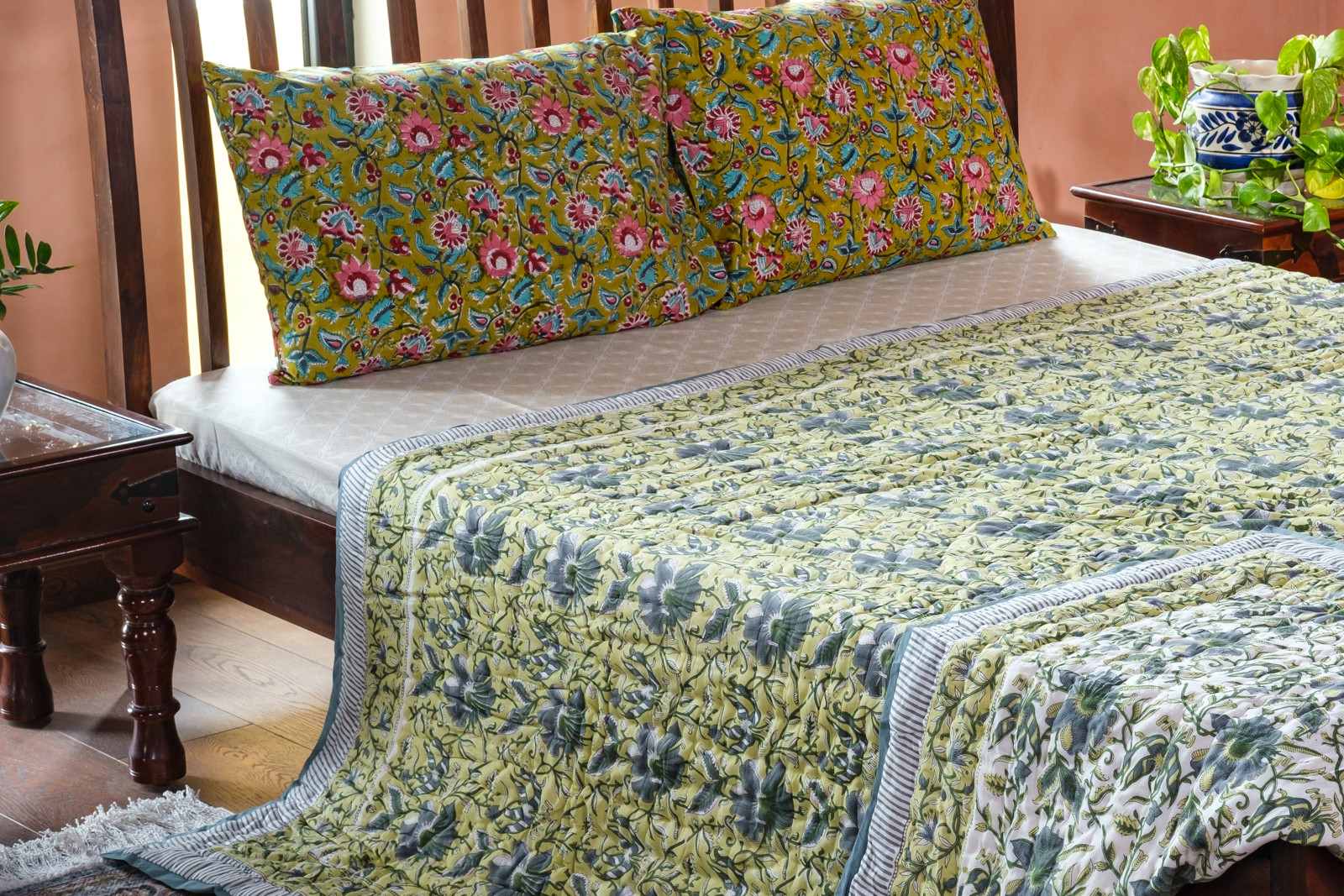 Hand Block Printed Cotton Queen Size Quilt Olive Flower Gud 602183