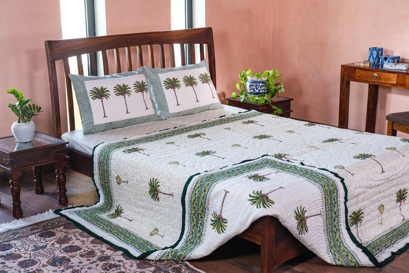 Hand Block Printed Cotton Queen Size Quilt  Palm Tree Green 109024