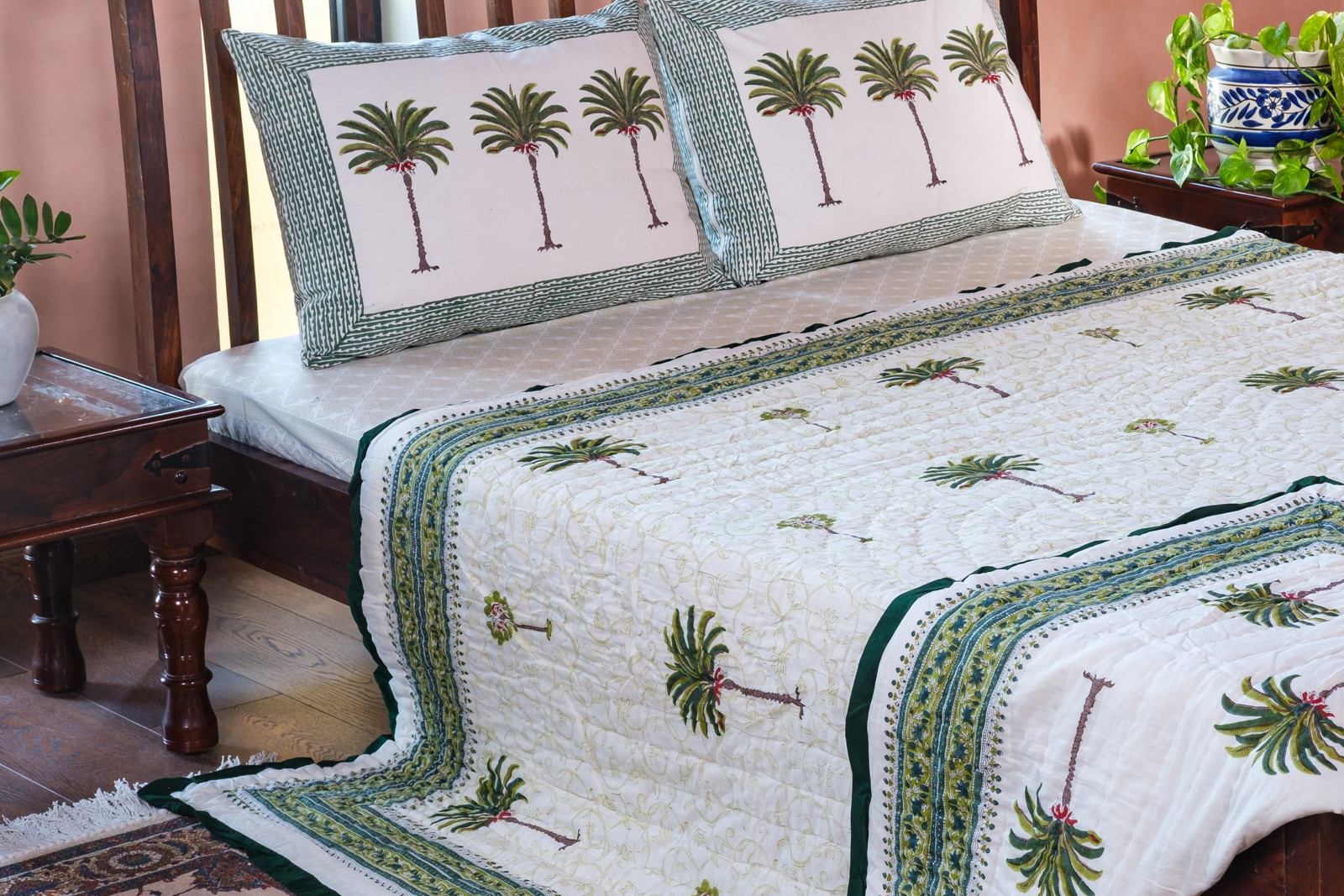 Hand Block Printed Cotton Queen Size Quilt Palm Tree Green 109024