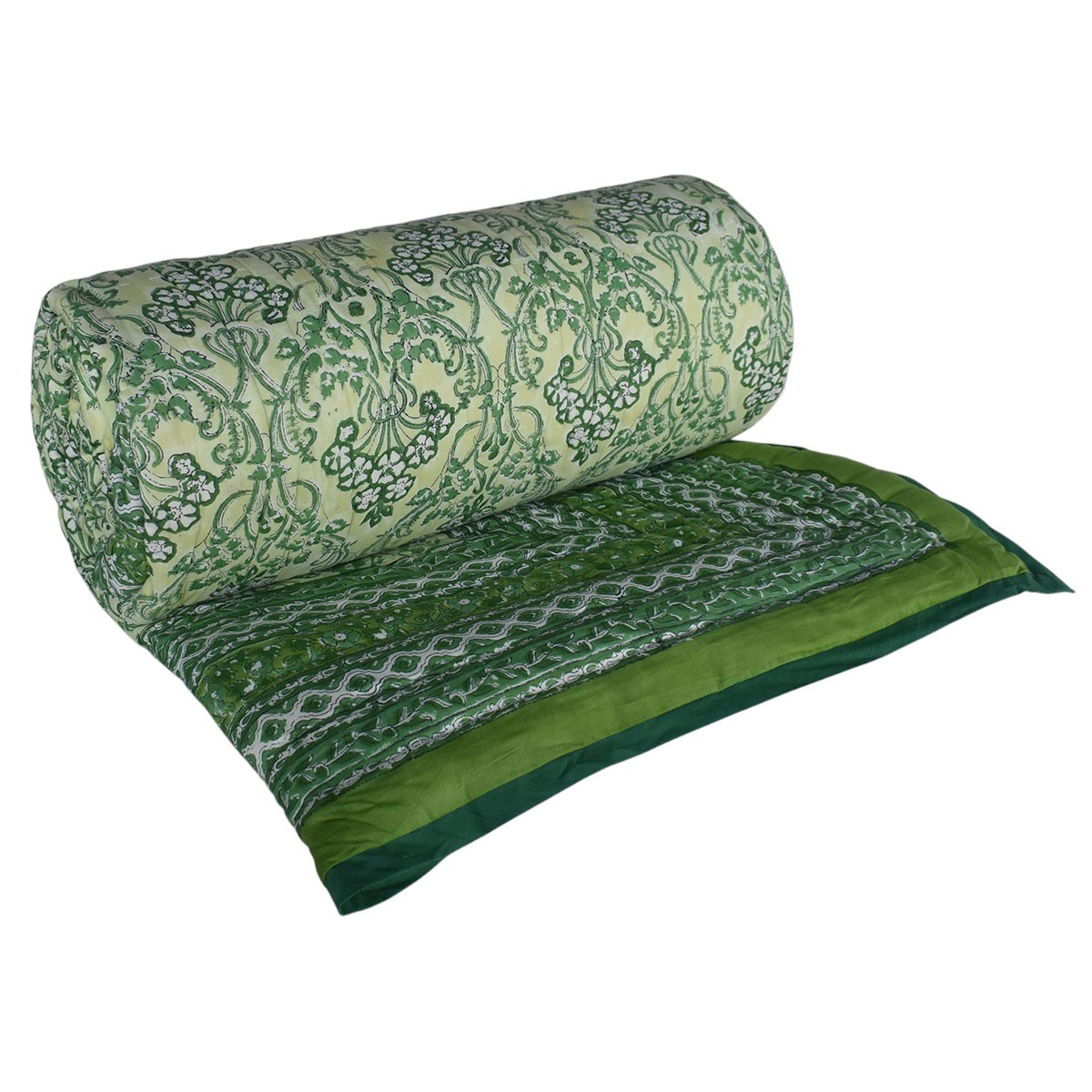 Hand Block Printed Cotton Queen Size Quilt Raat Ki Rani Green 207006