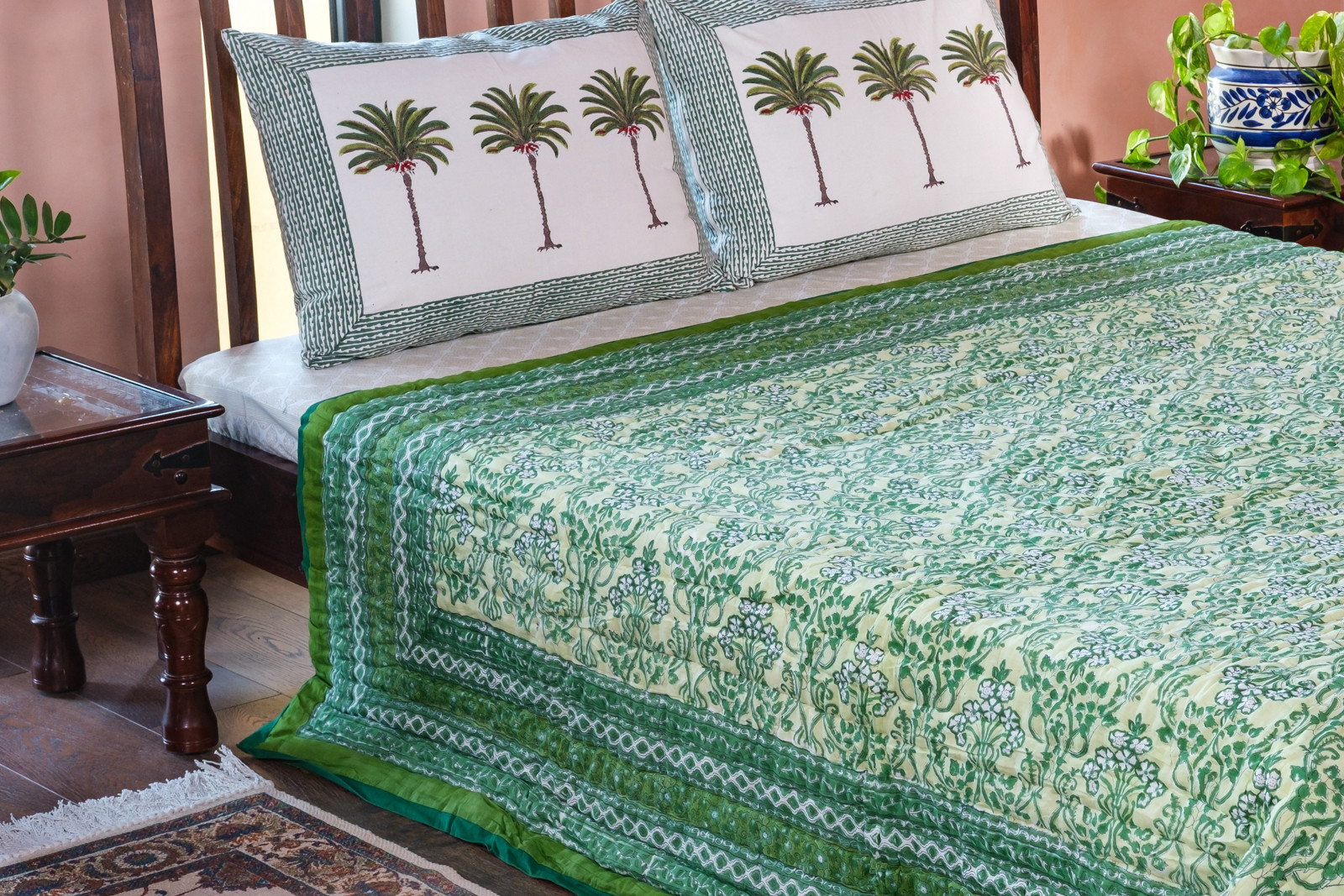 Hand Block Printed Cotton Queen Size Quilt Raat Ki Rani Green 207006