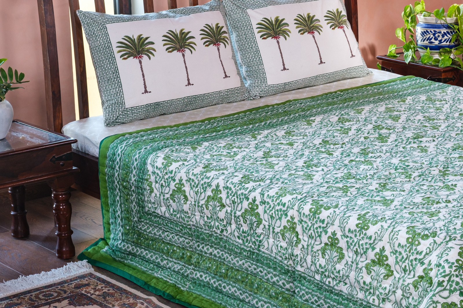 Hand Block Printed Cotton Queen Size Quilt Raat Ki Rani Green 207006