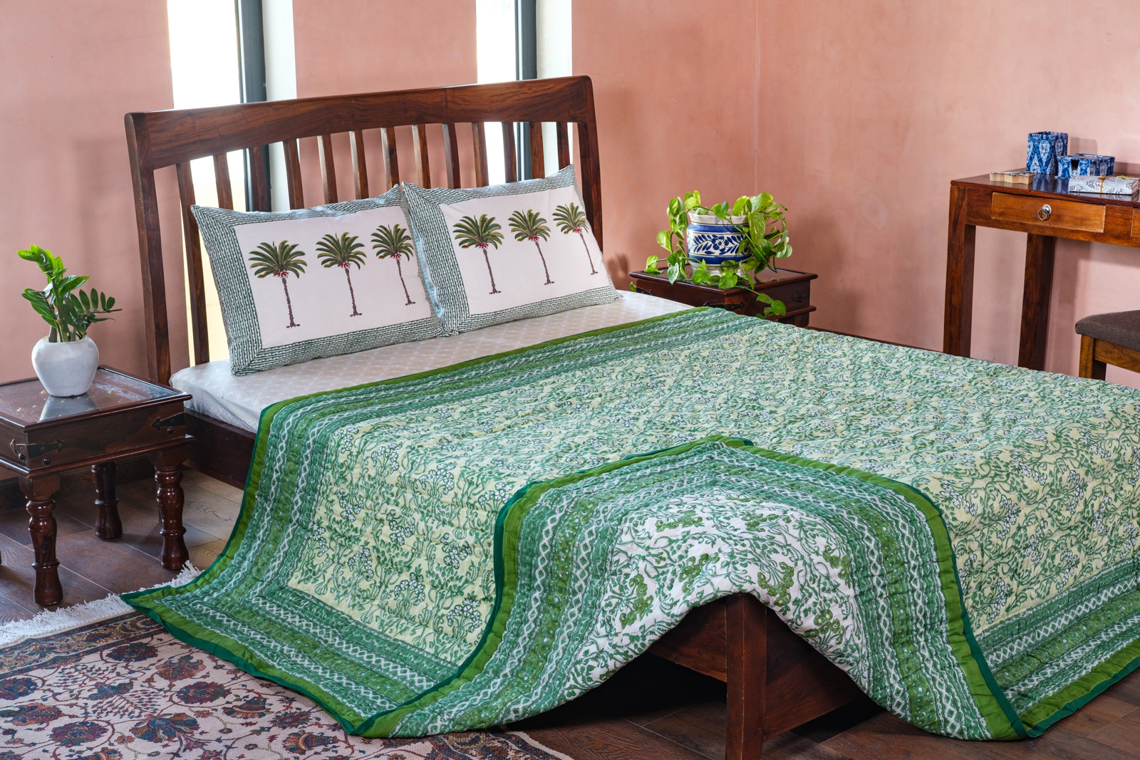 Hand Block Printed Cotton Queen Size Quilt Raat Ki Rani Green 207006