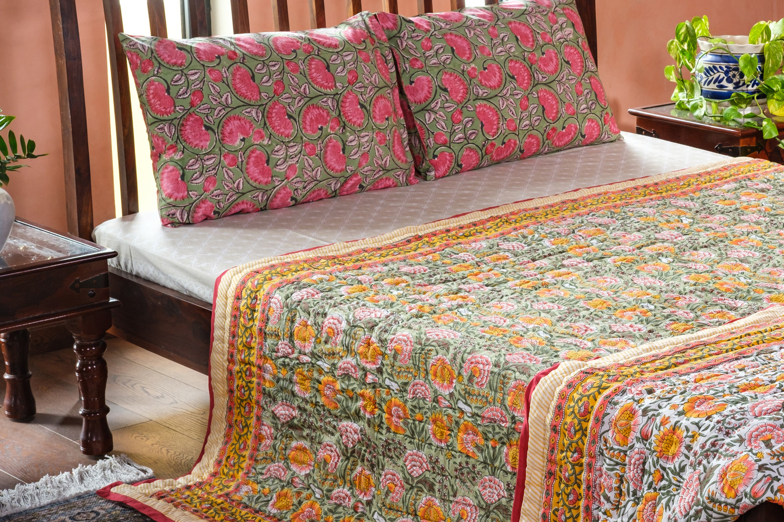 Hand Block Printed Cotton Queen Size Quilt Reshma Sea Green 201990