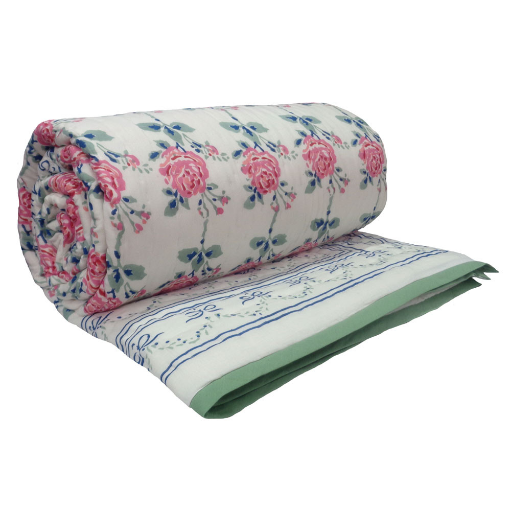 Hand Block Printed Cotton Queen Size Quilt Roseline Pink 100587