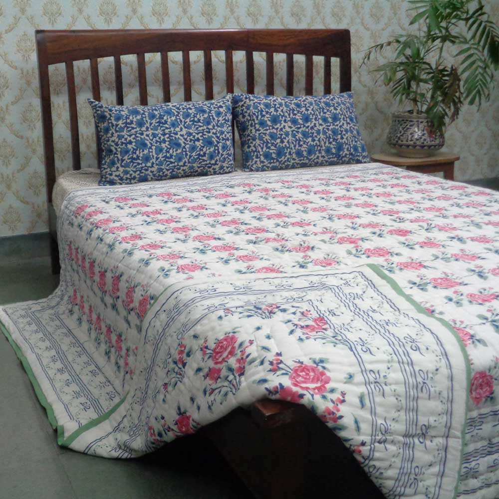 Hand Block Printed Cotton Queen Size Quilt Roseline Pink 100587