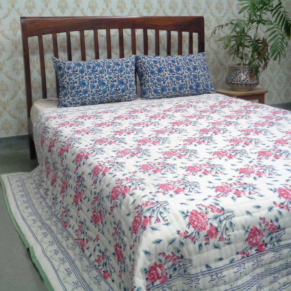 Hand Block Printed Cotton Queen Size Quilt Roseline Pink 100587