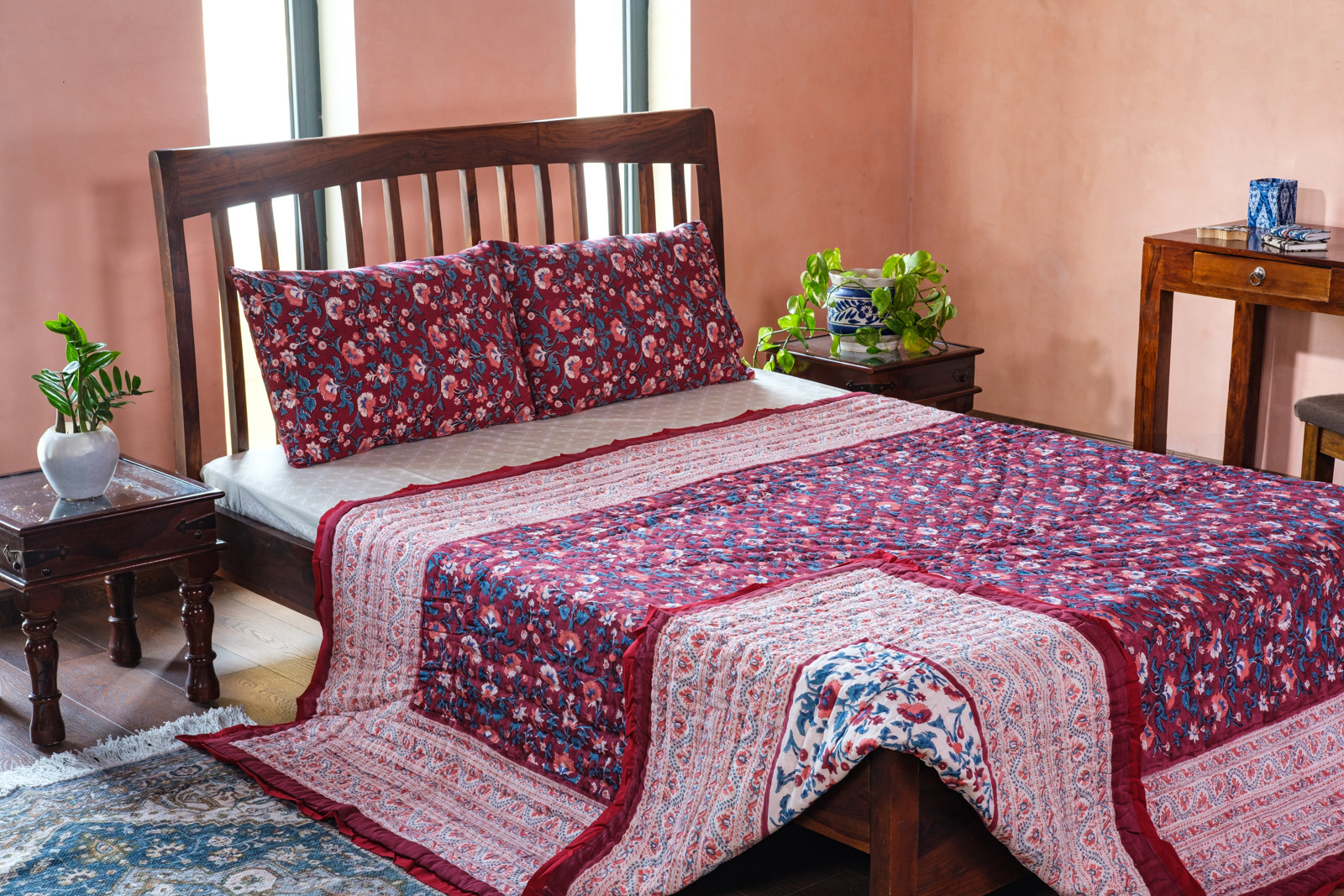 Hand Block Printed Cotton Queen Size Quilt Rukhsana Maroon Gud 105823