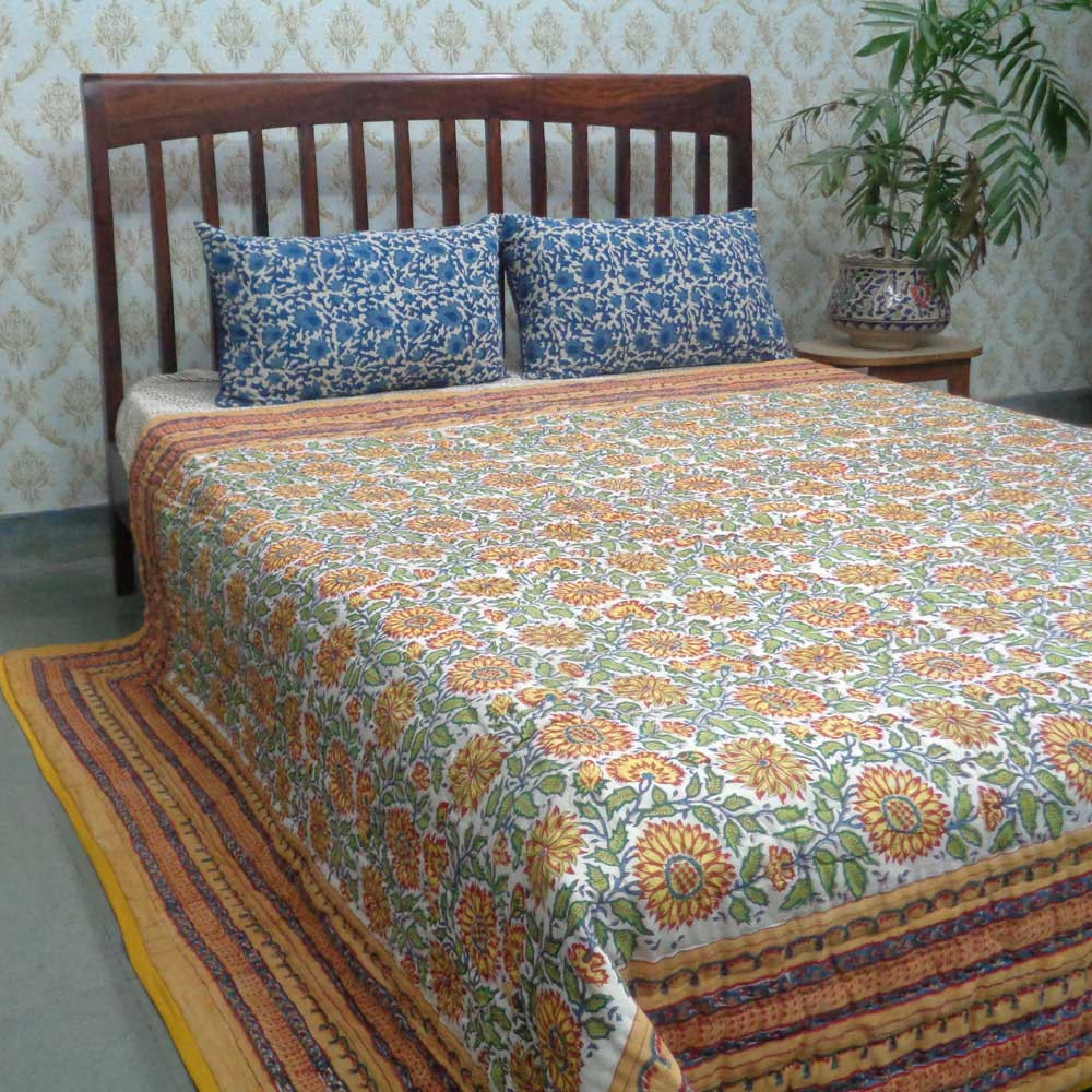 Hand Block Printed Cotton Queen Size Quilt Surajmukhi Canary Gud 102383