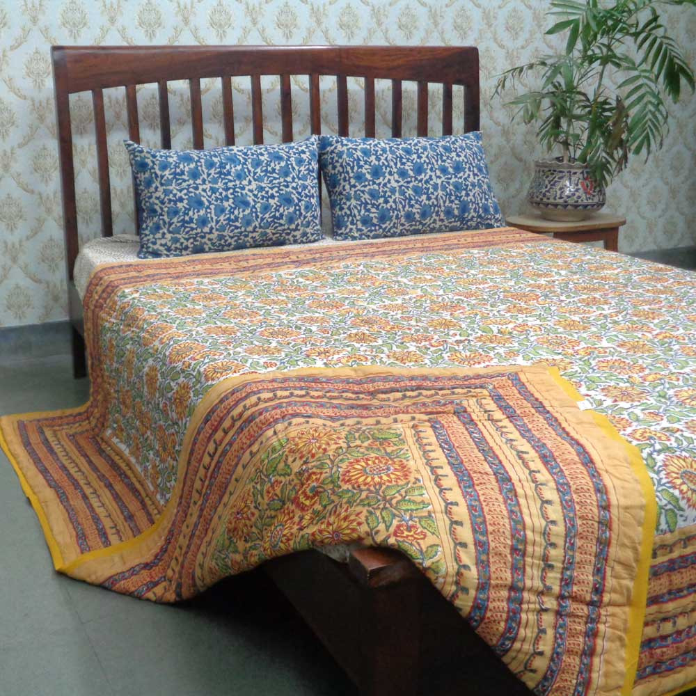 Hand Block Printed Cotton Queen Size Quilt Surajmukhi Canary Gud 102383