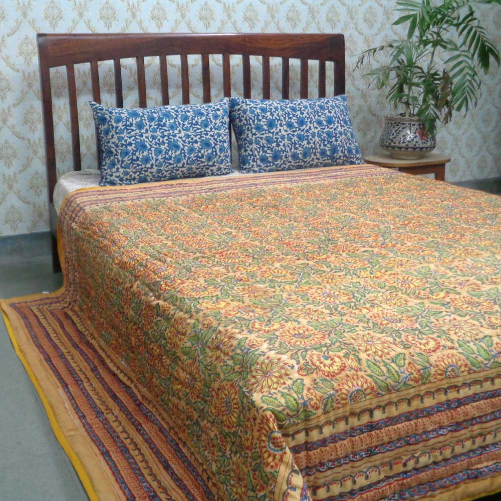 Hand Block Printed Cotton Queen Size Quilt Surajmukhi Canary Gud 102383