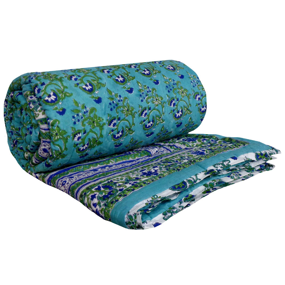 Hand Block Printed Cotton Queen Size Quilt Venus Crystal Blue 700664