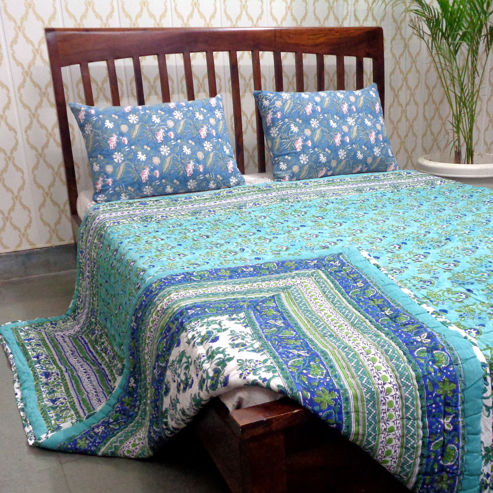 Hand Block Printed Cotton Queen Size Quilt Venus Crystal Blue 700664