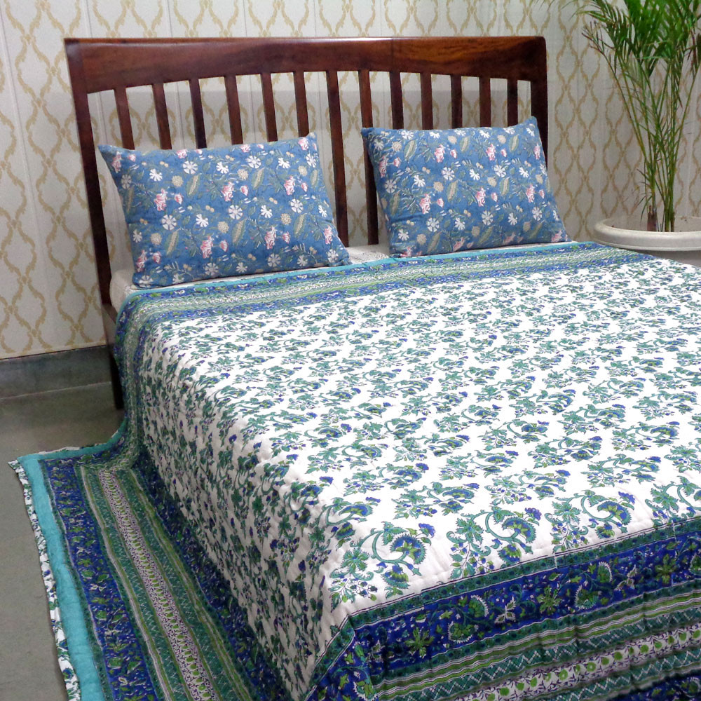 Hand Block Printed Cotton Queen Size Quilt Venus Crystal Blue 700664