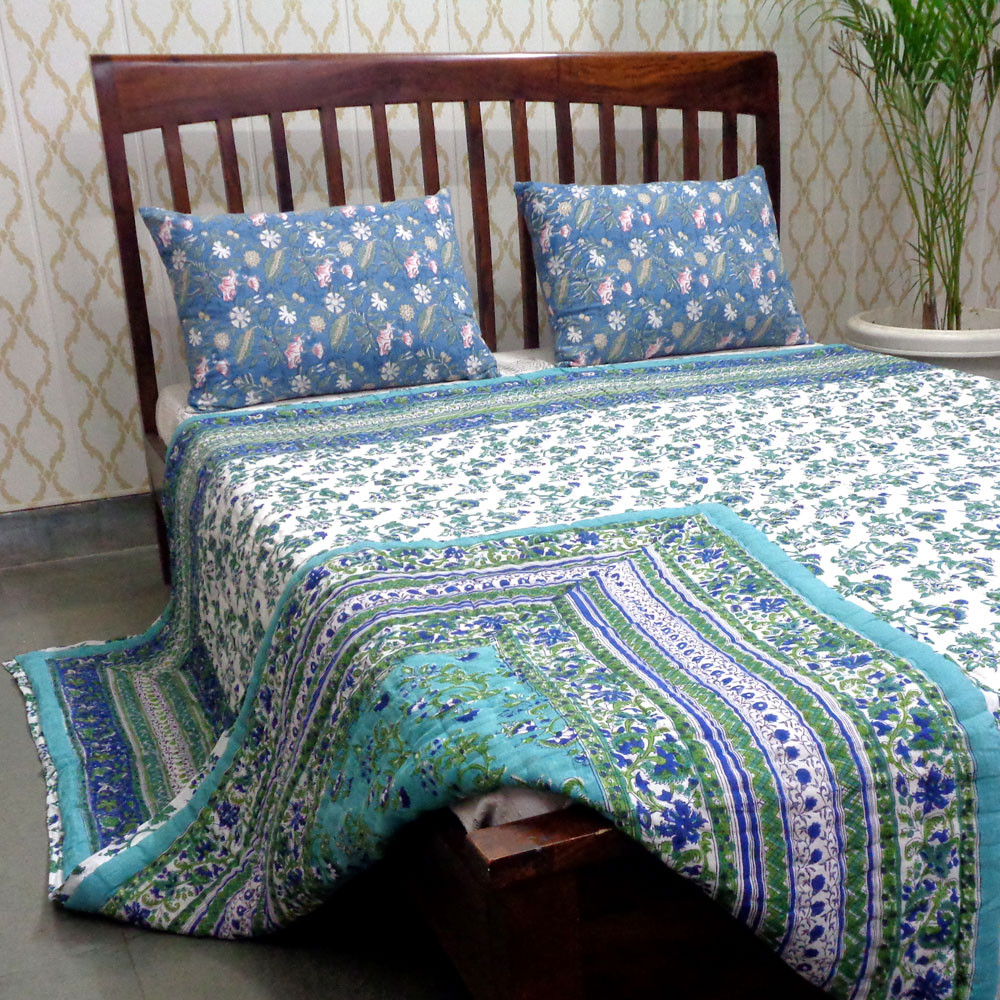 Hand Block Printed Cotton Queen Size Quilt Venus Crystal Blue 700664