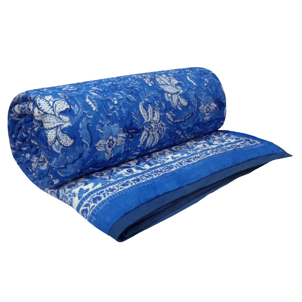 Image of Hand Block Printed Cotton Quilt King Size | Anarkali Blue Gud 106797