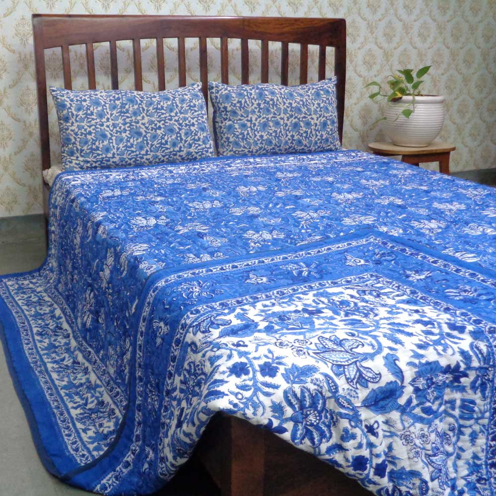 Hand Block Printed Cotton Quilt King Size Anarkali Blue Gud 106797