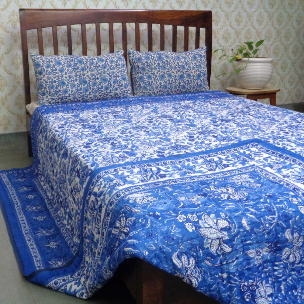 Hand Block Printed Cotton Quilt King Size Anarkali Blue Gud 106797