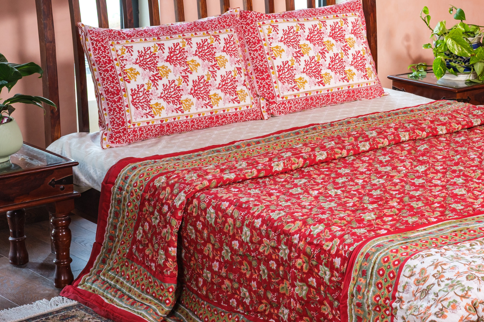 Hand Block Printed Cotton Quilt King Size Apple Blossom 605165