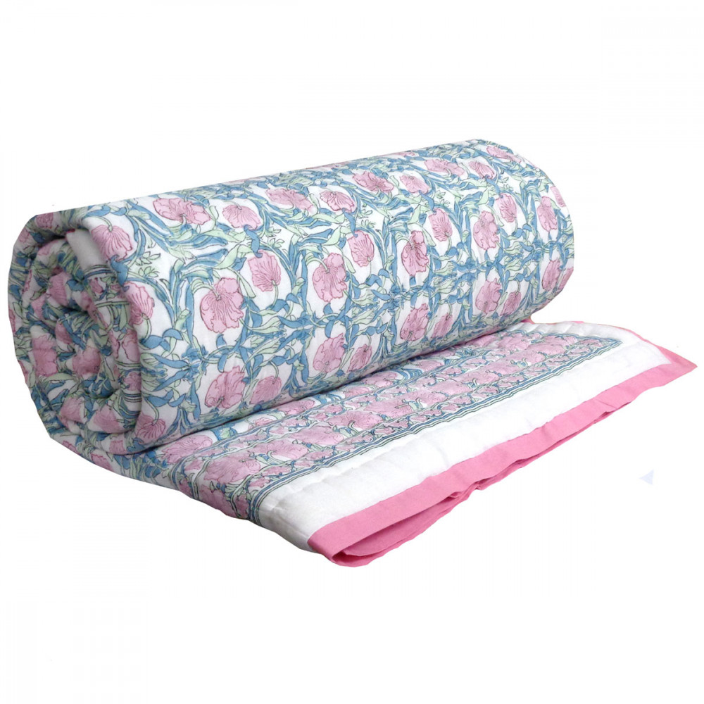 Image of Hand Block Printed Cotton Quilt King Size | Bauhaus Pink Flower 601774