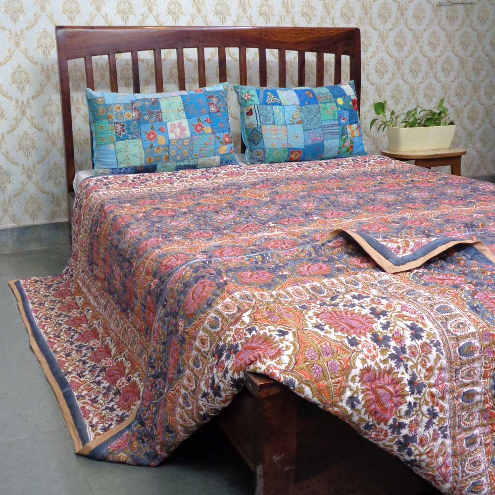 Hand Block Printed Cotton Quilt King Size Bird Of Paradise Gud 204347